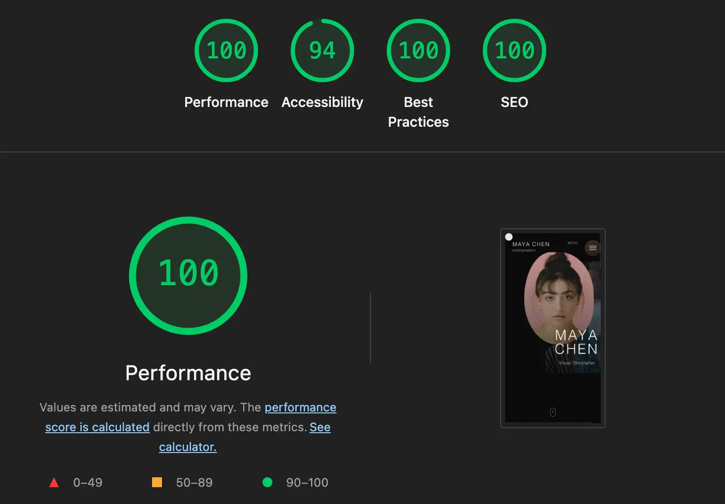 Photography Portfolio Mobile Lighthouse Score - 100 Performance